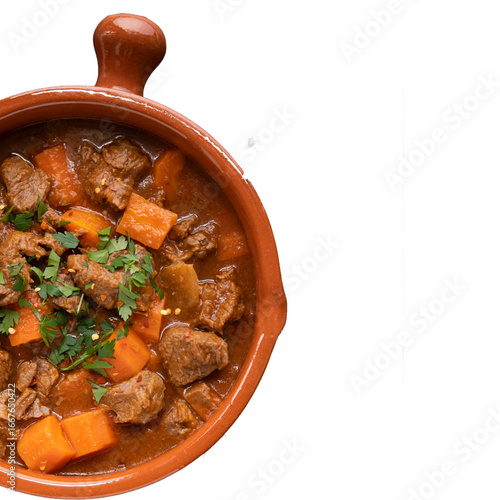 Принти на полотні Hearty Beef Stew in a Traditional Terracotta Pot