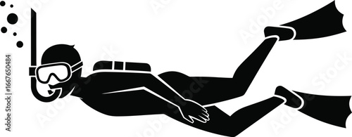 Vector art of the silhouette of a scuba diver swimming underwater with full gear