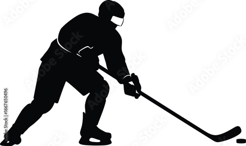 Vector art of a silhouette of a hockey player in action with a stick and puck