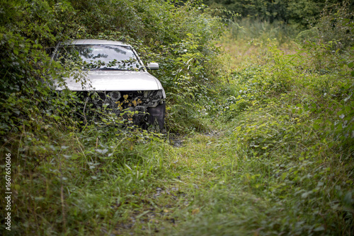 old, broken car illegally parked in nature, slowly overgrown by plants