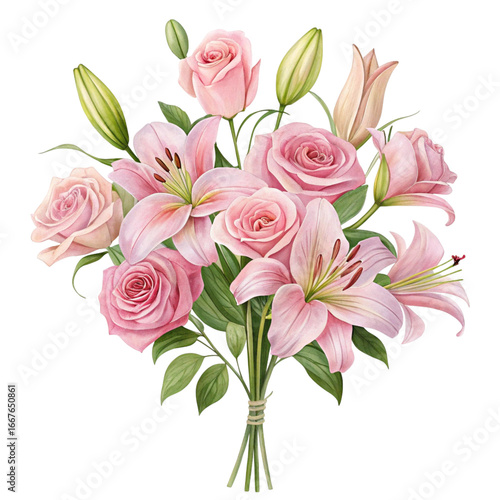 Delicate pink roses and lilies bouquet isolated on transparent background