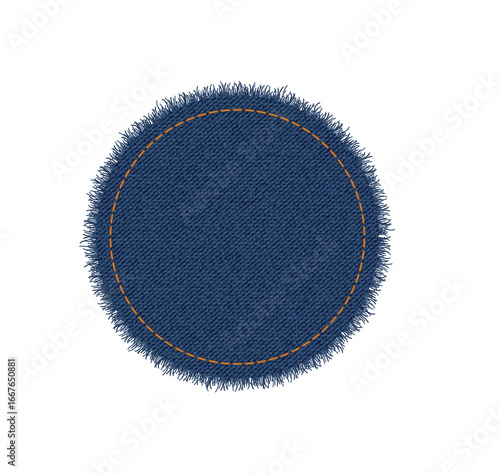 Blue Denim Patch: A close-up view of a circular, blue denim patch, featuring frayed edges and a contrasting stitched outline, perfect for crafting, design, or texture use.