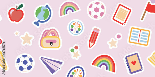 Cute and Colorful Back to School Pattern with Stickers on Pink Background