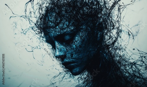 Abstract representation of depression featuring a figure with an empty face symbolizing the loss of identity and the overwhelming emptiness often felt by individuals suffering, Generative AI