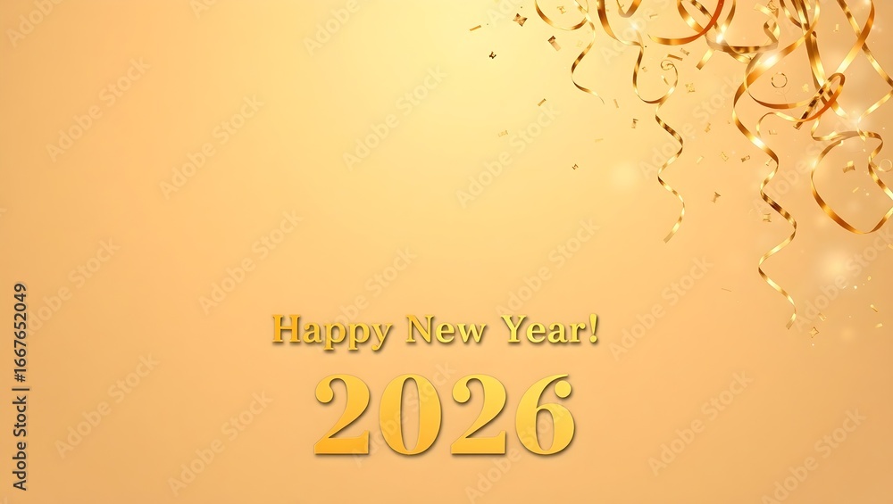Fototapeta premium Luxury champagne beige gradient with golden olive cascading ribbons and Happy New Year 2026 celebration