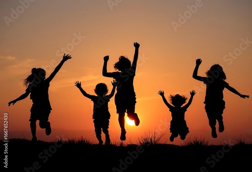 Silhouettes of playful children at sunset, jumping and running,  shadow,  playing
