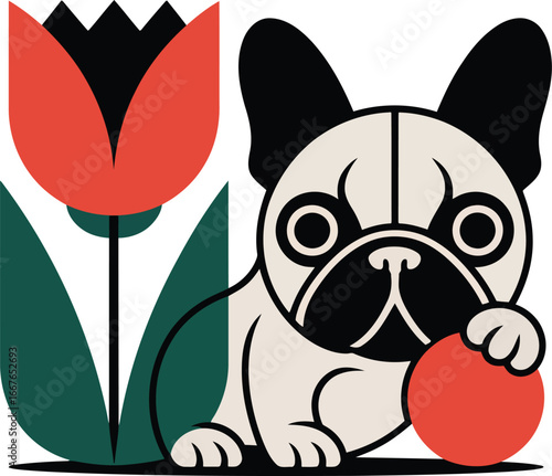 French bulldog with red ball and stylized tulip animal