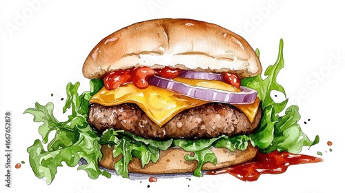 Juicy Watercolor Cheeseburger with Lettuce and Ketchup