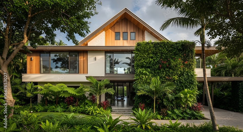 Fototapeta premium Modern tropical house exterior, showcasing a living wall and wood accents, photographed with natural light and lush landscaping in a warm color palette.