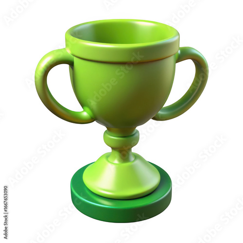 3d green trophy cup with handles isolated on transparent background