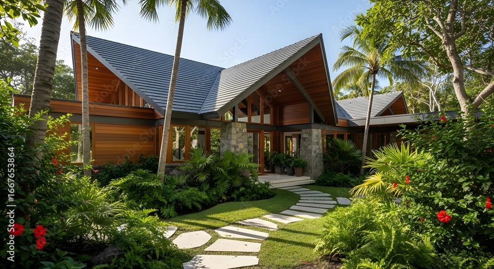 Fototapeta premium Exterior view of a modern tropical home showcasing stone and wood architecture, featuring a landscaped pathway leading to the entrance, with lush green foliage and palm
