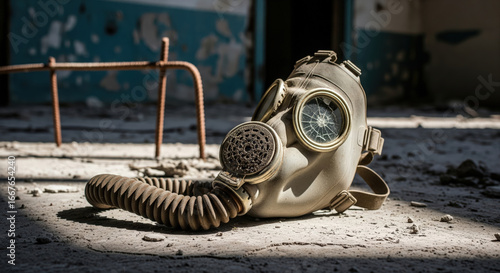 Realistic style photo of an old gas mask with a cracked lens lying on the floor in a destroyed abandoned building