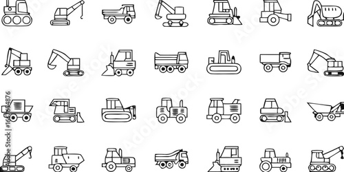Construction Vehicle Icons Set in Doodle Style on Black Background