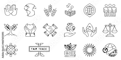 Fair Trade and Sustainability Icon Set in White Outline Style on Black