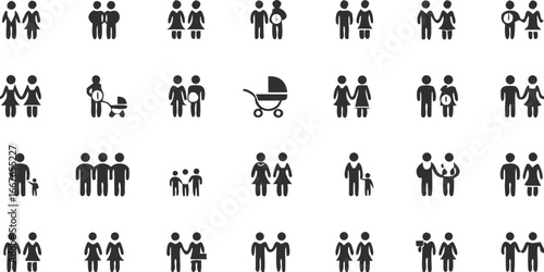 Diverse family icons collection depicting various family structures and relationships on black