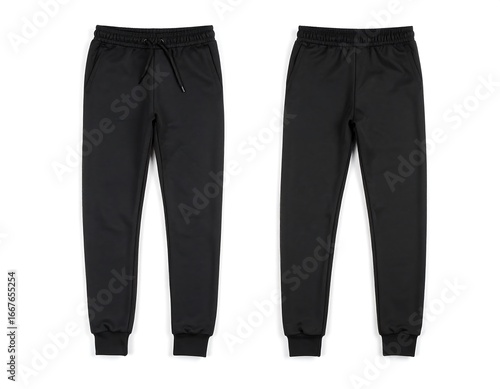 Black sweatpants, front and back views