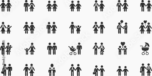Diverse families and relationships represented by simple stick figure icons in black
