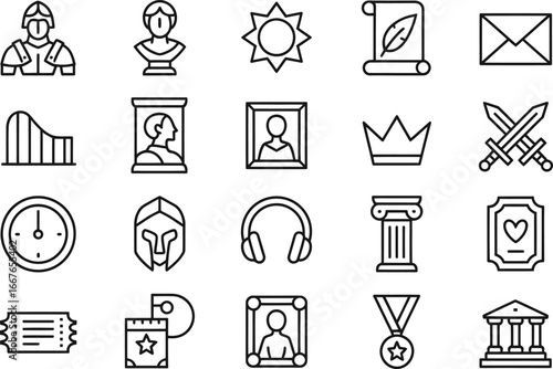 Vector icons set of history and culture elements for museum and historical content creation online use