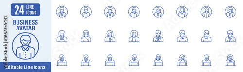 Avatar Profile Business web icons in line style. Contains icons as avatar, men, women, profile, people, businessman, businesswomen and more. Vector illustration.