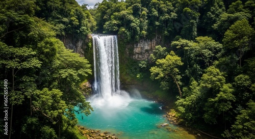 Picturesque waterfall scene surrounded by lush green forest environment