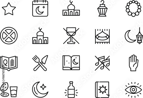 Ramadan kareem icons vector set, islamic culture symbol, eid mubarak outline icon, ramadan elements design