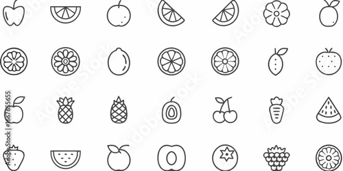 Outline Fruit Icon Set Healthy Eating Vegetarian Vegan Diet and Nutrition