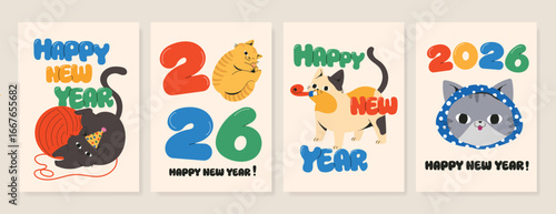 Happy new year 2026 poster vector set. New year celebration with number and cute cat pose different. Cute funny pet illustration design for card, cover, print, social media, website, ads.