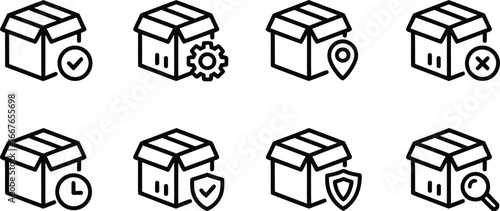 Delivery box icons set for shipping and logistics services with different status and tracking options