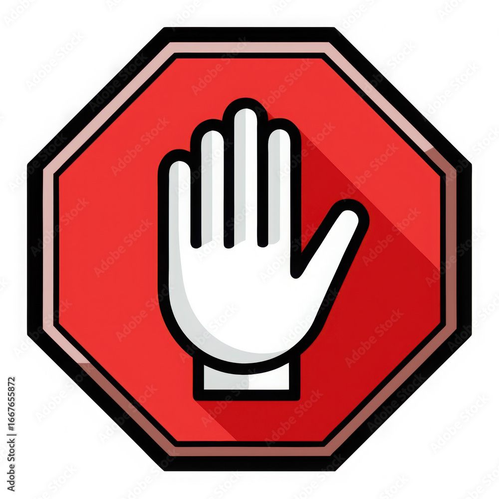 Obraz premium Clear stop sign icon with white open hand gesture for warning and prohibition messages