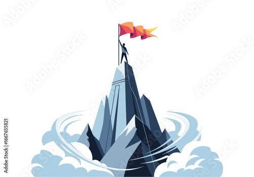 Achieving peak success with determination climbing a mountain to victory and reaching the summit
