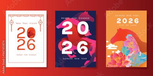 Happy Chinese new year 2026 poster vector set. Year of the horse zodiac template with lantern, horse, lotus flower on white, blue and orange background. Design for card, cover, Happy New Year, ads.