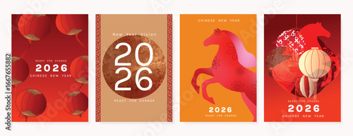 Happy Chinese new year 2026 poster vector set. Year of the horse zodiac template with lantern, horse, coin on red and gold background. Design for card, cover, social media, Happy New Year, ads.