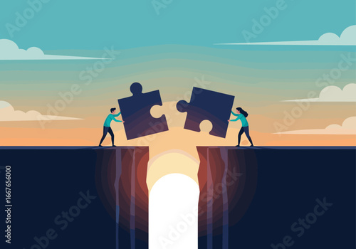 Two people connect two jigsaw puzzle pieces across a wide chasm symbolizing teamwork and collaboration to bridge a gap