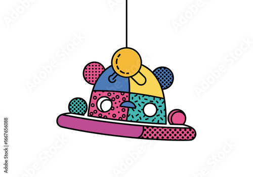 Colorful circus hat with playful pom poms and vibrant patterns adorning the brim and sides
