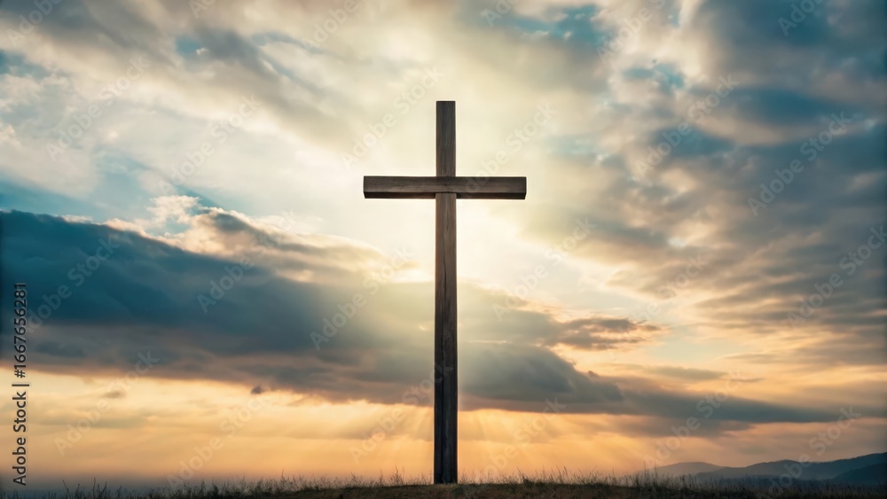 Christian cross standing tall in open sky — embodying belief, prayer, and devotion Christian cross standing tall in open sky — embodying belief, prayer, and devotion