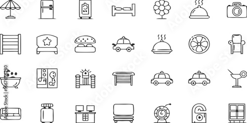 Black and White Icon Set of Hotel and Travel Related Items