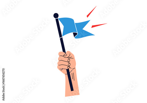 Illustration of a hand holding a blue flag on a pole with energetic red lines radiating from it symbolizing victory and achievement