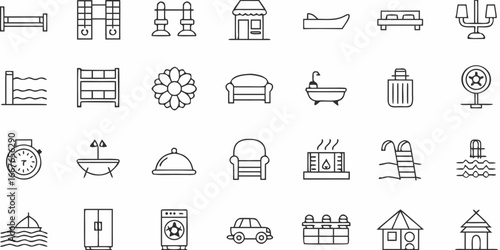 Collection of Various Outline Icons Depicting Home Travel and Leisure Activities