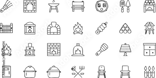 Collection of outdoor living and cooking line art icons on black