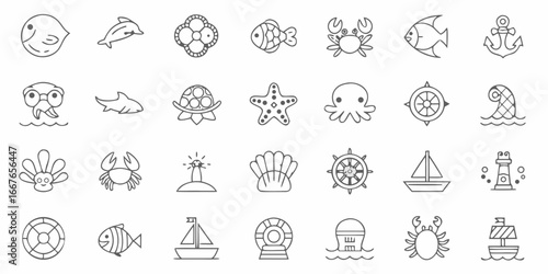 Collection of cute sea animals and objects in line art style