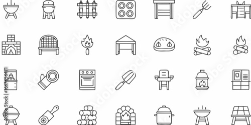 Set of thin line icons related to outdoor cooking and grilling