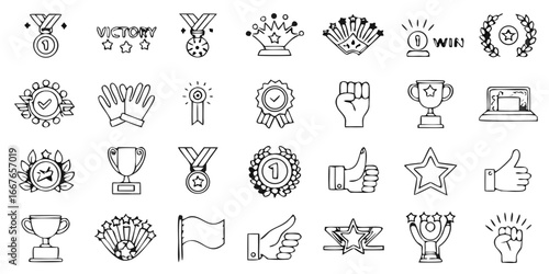 Hand drawn sketch style awards and victory icons on black background