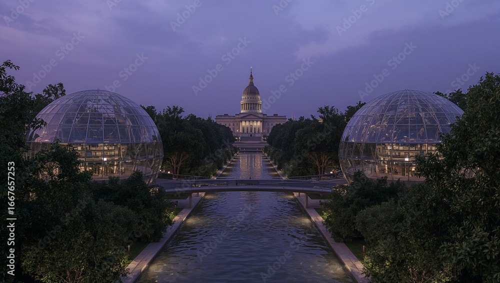 Fototapeta premium Twilight spectacle of a monumental domed edifice, symmetrically framed by contemporary illuminated spheres and a serene reflective waterway, evoking a blend of historical grandeur and modern design