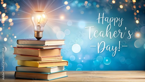 Happy Teacher s Day Light Bulb on Books with Bokeh Lights Background