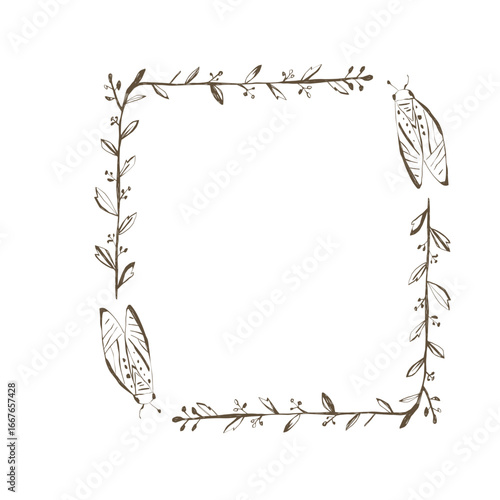 Hand drawn botanical frame with leaves and insects ideal for mystical invitations nature themes stationery and home decor