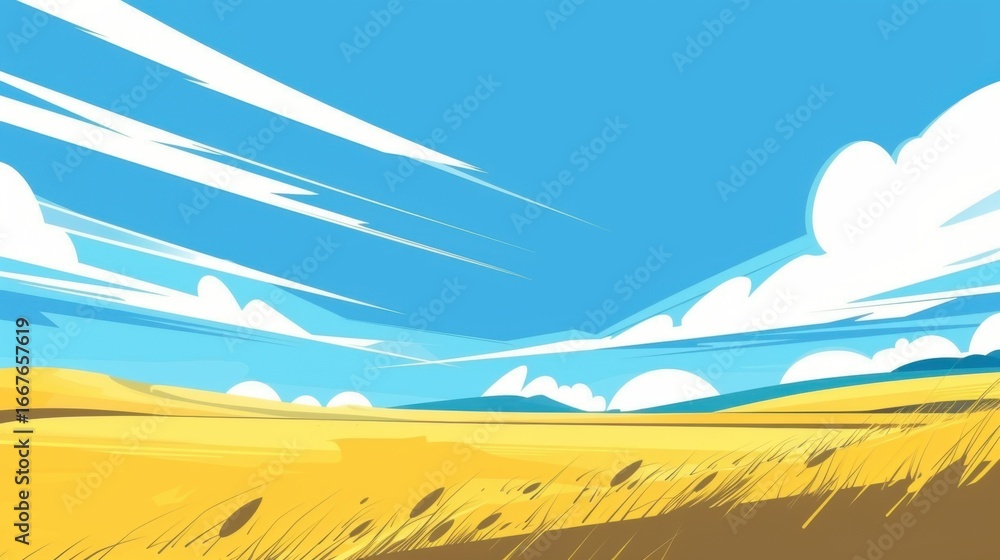 Obraz premium Fresh Spring Outing Wallpaper: Aesthetic Hand-Drawn Scene of Flower Sea & Blue Sky