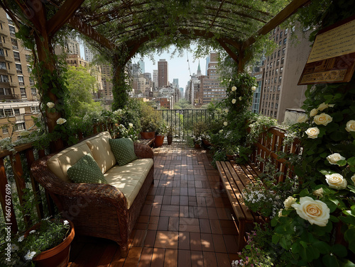 A lush rooftop garden with ...