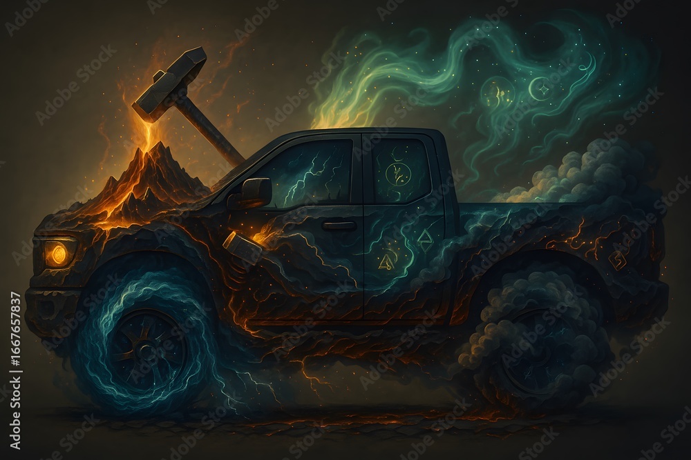 Naklejka premium Elemental Forge Truck – Alchemical Vehicle of Fire, Water, Earth, and Air