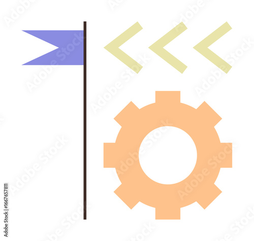 Flagpole with blue flag, orange gear, and yellow arrows pointing right. Ideal for strategy, process management, teamwork, goal setting, workflow improvement and direction concepts. Simple flat