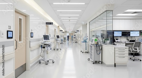Bright, modern hospital hallway with various medical equipment, a nurse station, and a clean, sterile environment.